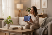 Woman in cozy living room with Homed-IQ test kit
