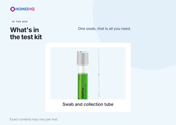 Inhalt des Homediq Testkits mit Abstrich: ein grünes Röhrchen und ein Abstrichtupfer für die Probenentnahme.
